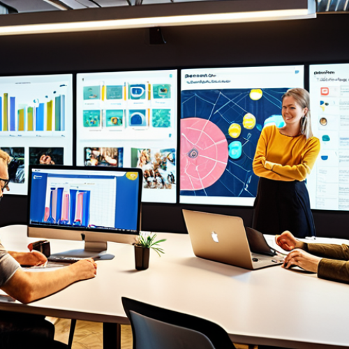 ** A vibrant, collaborative workspace in Stockholm featuring developers working on open-source software. The scene emphasizes teamwork, with diverse individuals contributing to a project projected on a large screen. Modern Swedish design elements and technology are prominent. The overall mood should be positive and energetic, showcasing the power of open collaboration.

**